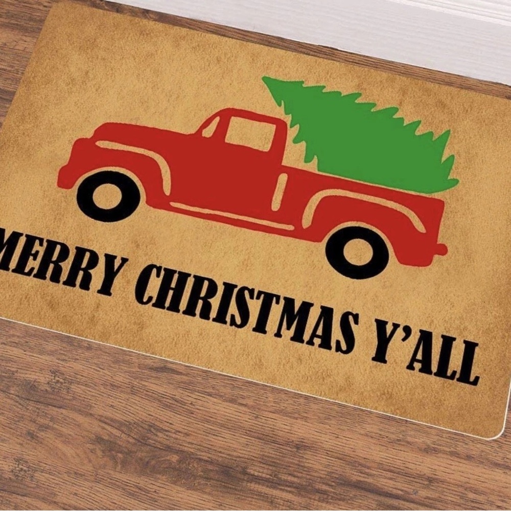 Merry Christmas Y’all Truck Fabric Top Washable Door Mat 23x15 XMAS New